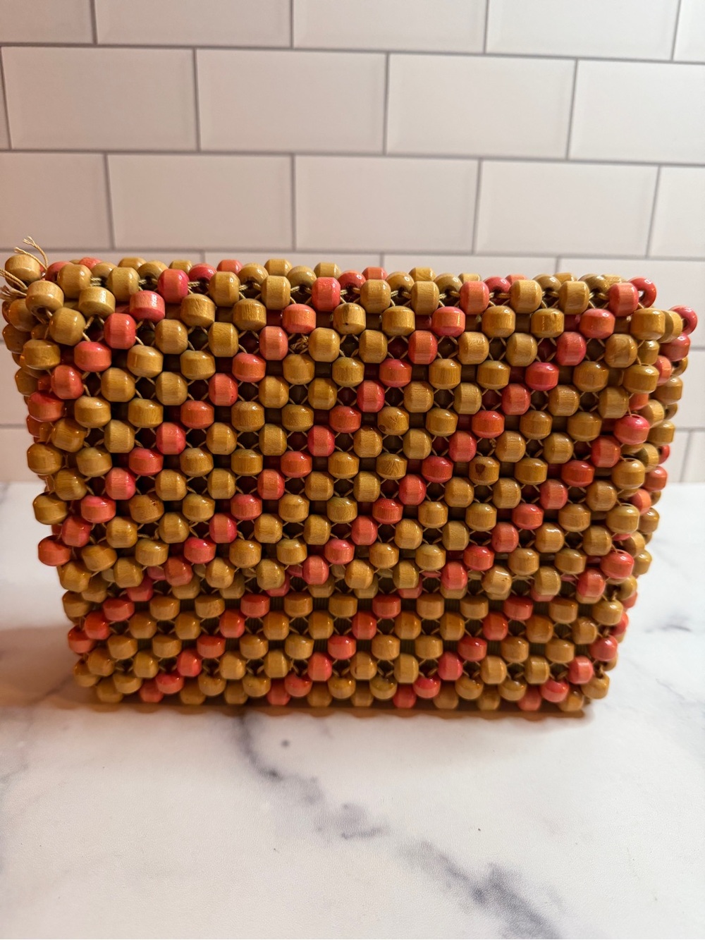 Vintage Dayne Taylor Wooden Beaded Clutch Purse Made in Japan Coral Tan 1960s